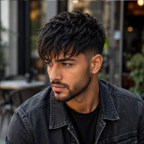 Middle Eastern man with a long textured French crop haircut featuring layered texture, natural movement, and a messy fringe.