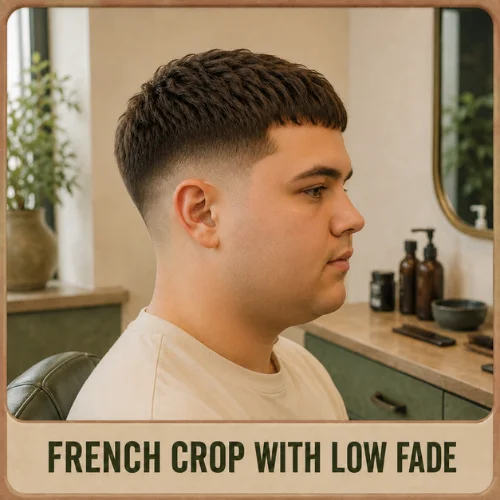 Low fade French crop haircut for men round face soft fade clean natural textured top hairstyle