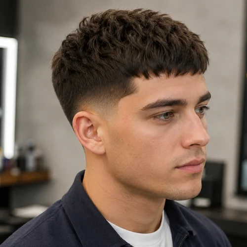 Low taper fade French crop haircut with short textured top, neat fringe, and clean sides