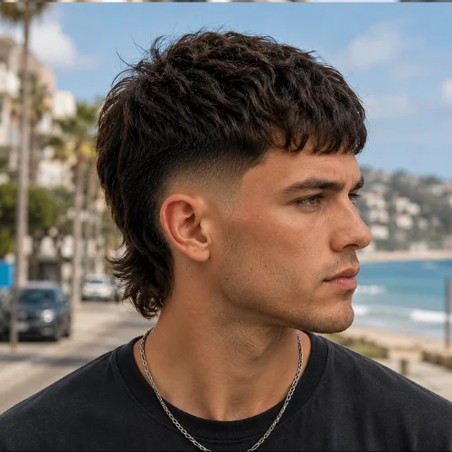 Australian male model with Low Taper Mullet French Crop, cropped front, low taper sides, and longer back.