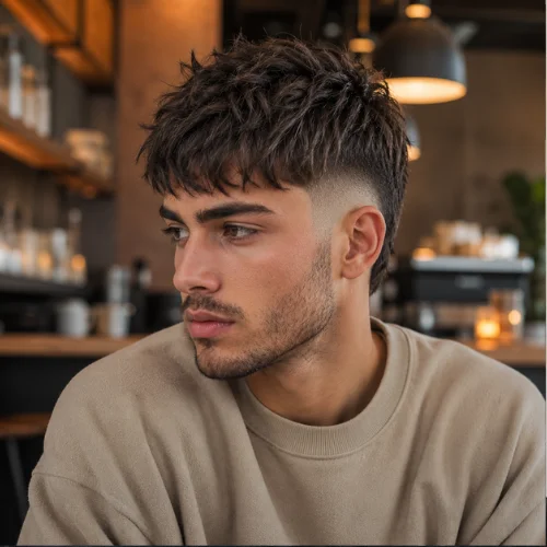 Young man with a messy French crop burst fade, natural top texture with forward fringe and clean sides.
