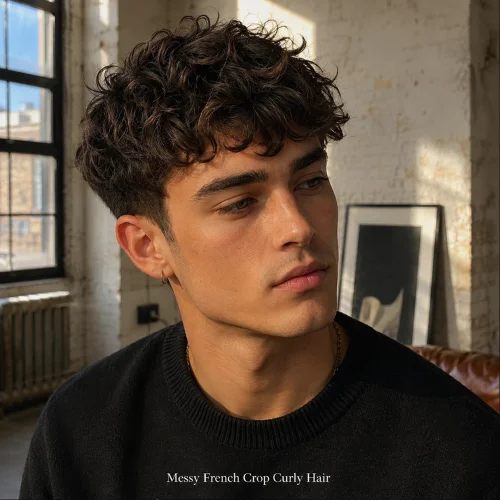 Messy French crop curly hair with relaxed curls and short clean sides