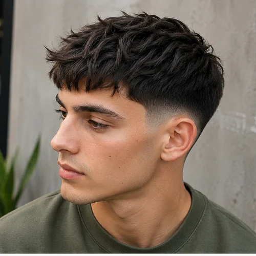 Young man with slightly messy textured top, faded sides, modern casual French Crop haircut.