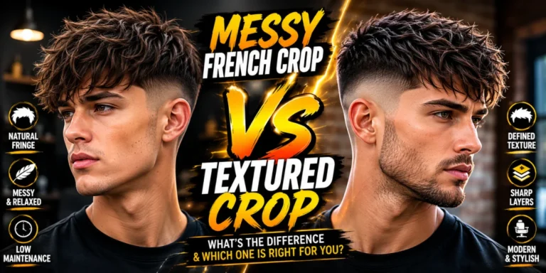 Messy French crop vs textured crop hairstyle comparison with two male models showing different modern crop haircuts