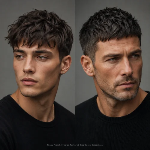 Side by side comparison of messy French crop and textured crop hairstyles on two male models