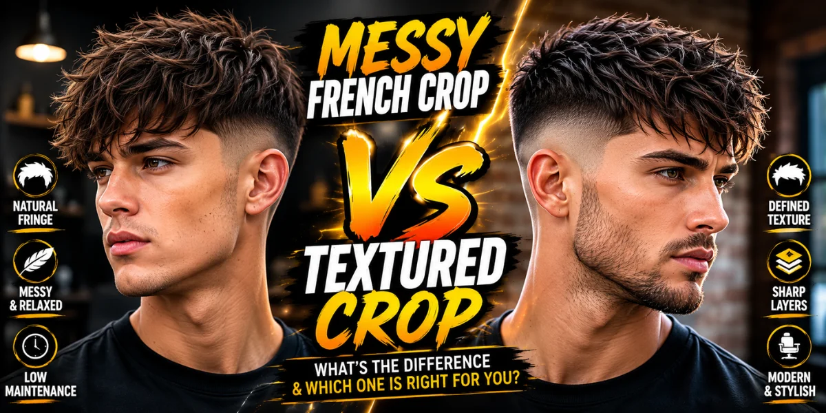 Messy French crop vs textured crop hairstyle comparison with two male models showing different modern crop haircuts