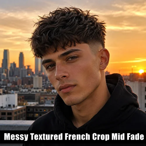 Messy textured French crop mid fade haircut with relaxed top and clean fade