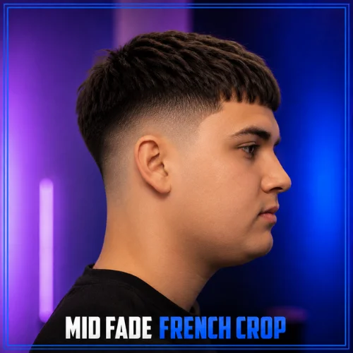 Mid fade French crop hairstyle for round face men with sharp fade transition and textured top haircut