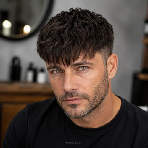 Male model with heavy fringe and over styled crop haircut showing common hairstyle mistakes