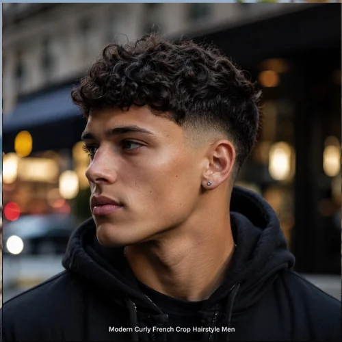 Modern Curly French Crop hairstyle for men with fresh fade and defined curls