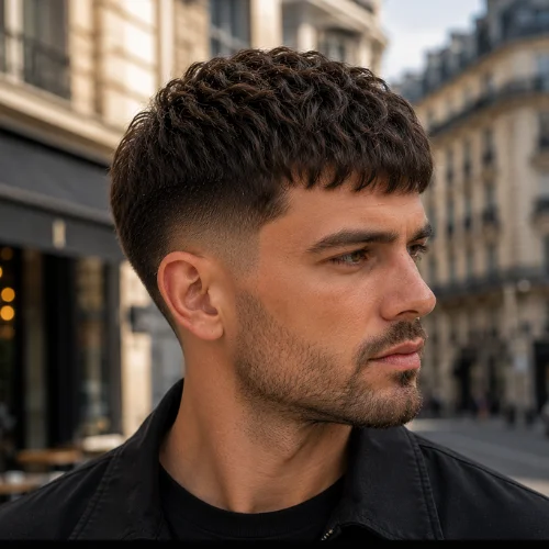 French male model with Modern French Crop Low Taper hairstyle, clean fringe, soft texture, and neat sides.