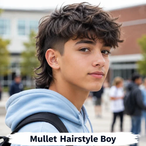 Mullet hairstyle boy with textured top, short sides, and longer back