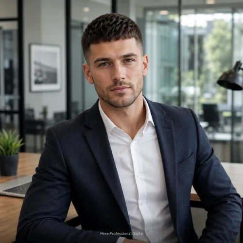 Professional man with a clean French crop haircut in an office