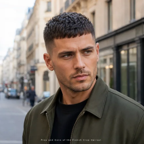Stylish man with a textured French crop haircut in an urban setting