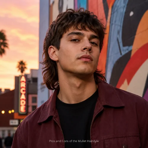 Modern mullet hairstyle on a confident young man in an urban background