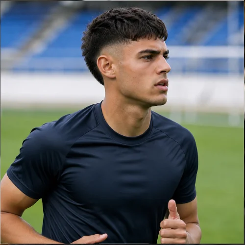 Sporty young man with burst fade French crop Garnacha, cropped top and smooth fade around ears, athletic vibe.