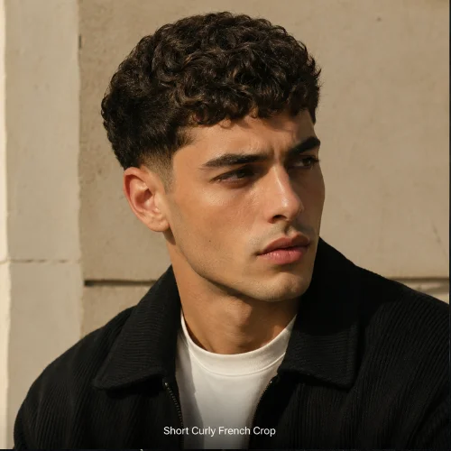 Short Curly French Crop haircut with low-maintenance curls and neat sides