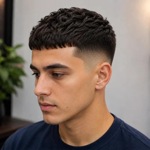 Close-up of a short French Crop Low Taper haircut, neat and low-maintenance with clean sides.