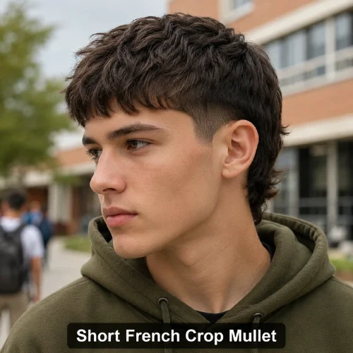 Short French crop mullet with subtle back length and textured fringe