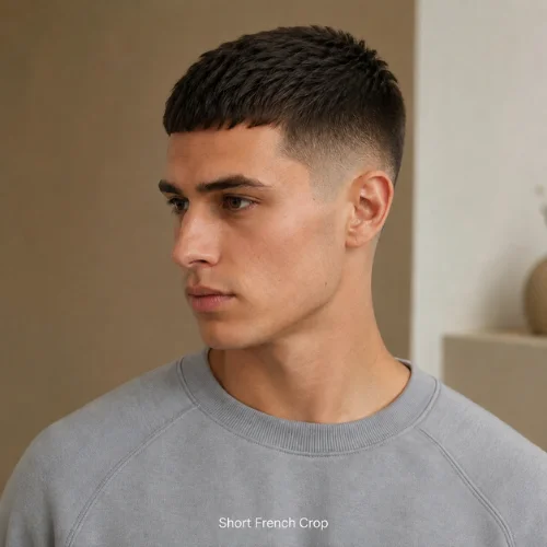 Short French crop taper fade haircut with neat fringe and clean sides