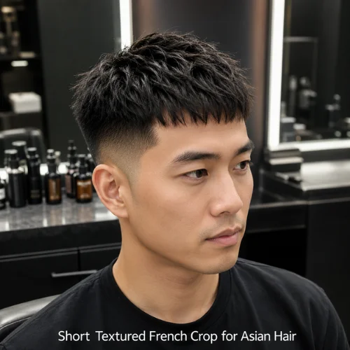 Short textured French crop for Asian hair thick straight texture