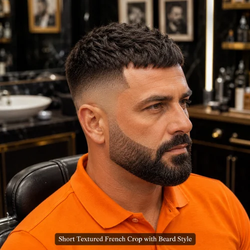 Short textured French crop with beard and clean fade hairstyle