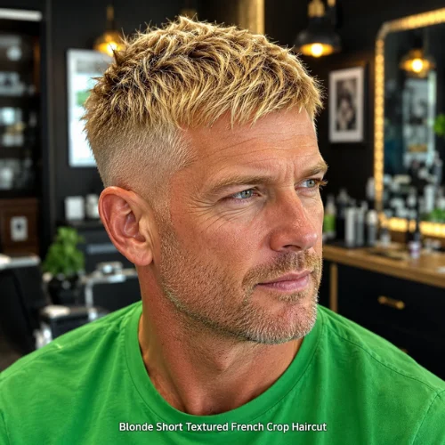 Blonde short textured French crop hairstyle with light tones