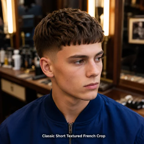 Classic short textured French crop haircut with clean fade and natural fringe for men