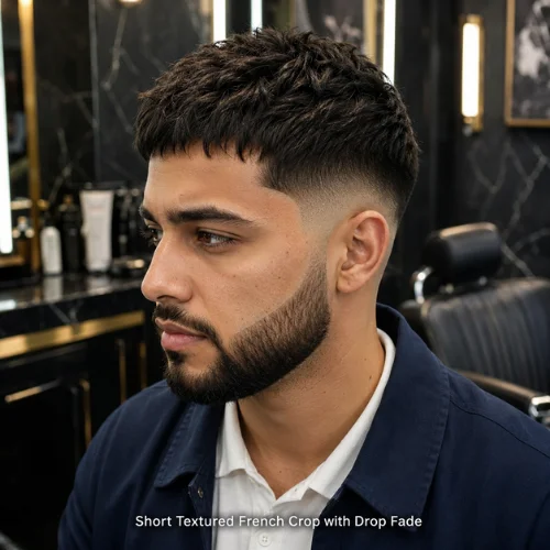 Drop fade short textured French crop with curved fade design hairstyle