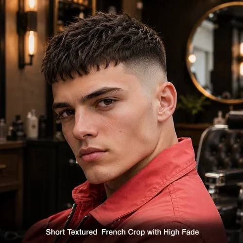 High fade short textured French crop hairstyle with sharp contrast sides