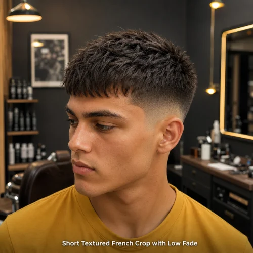 Short textured French crop with low fade and soft natural fringe styling