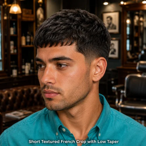 Natural short textured French crop with low taper fade haircut