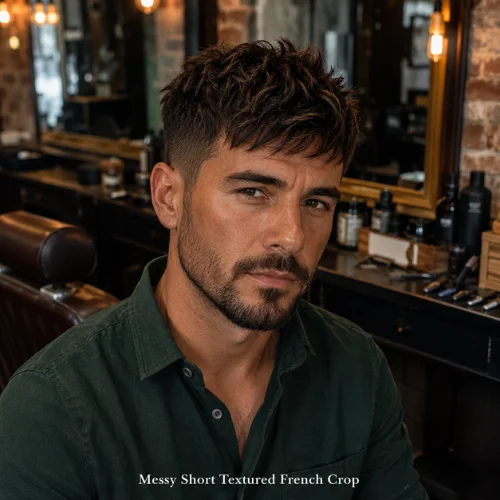 Messy short textured French crop hairstyle for casual modern men