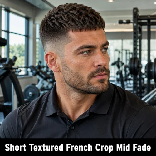 Short textured French crop mid fade haircut with low-maintenance styling
