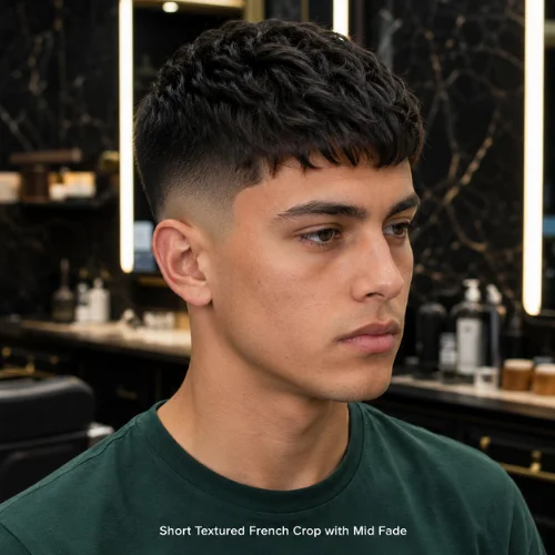 Mid fade short textured French crop haircut for thick straight hair men