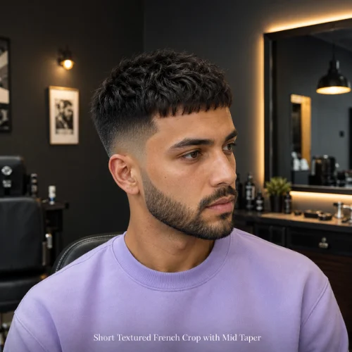 Mid taper short textured French crop with controlled volume hairstyle