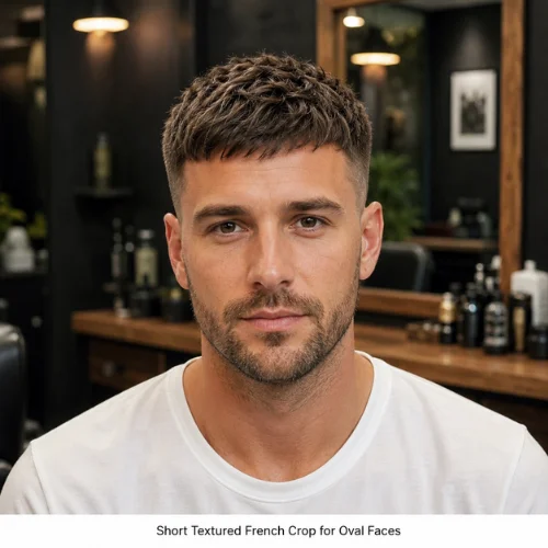 Short textured French crop for oval face balanced haircut style
