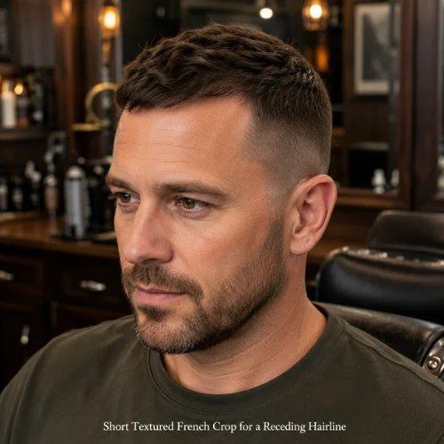 Short textured French crop for receding hairline with forward fringe