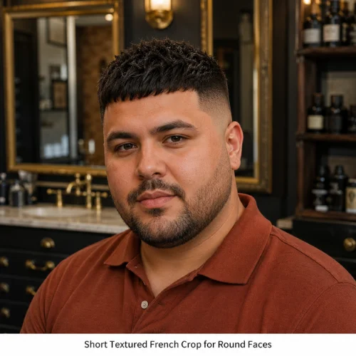 Short textured French crop for round face with height balanced style