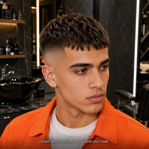 Skin fade short textured French crop haircut with sharp clean finish
