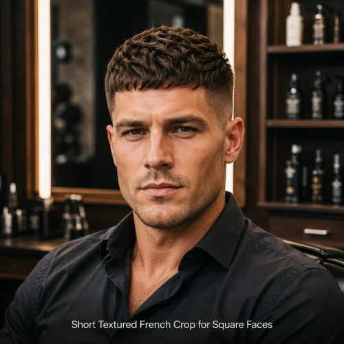 Short textured French crop for square face soft fringe hairstyle