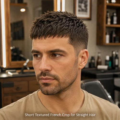 Short textured French crop for straight hair with layered texture