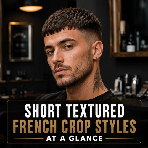 Short textured French crop styles at a glance showing popular haircut types, best hair types, face shapes, and trim frequency