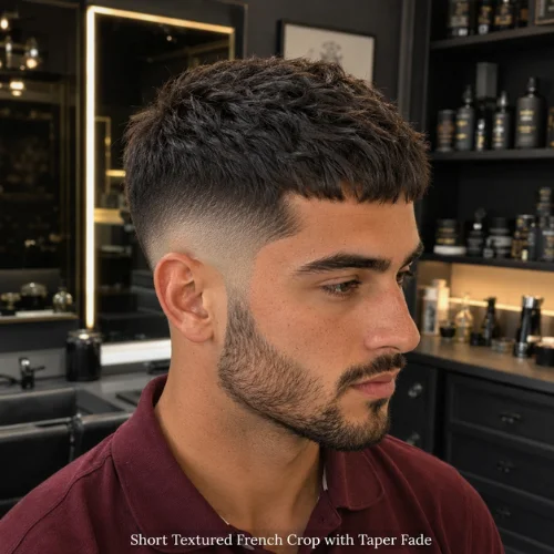 Short textured French crop with taper fade and natural professional look