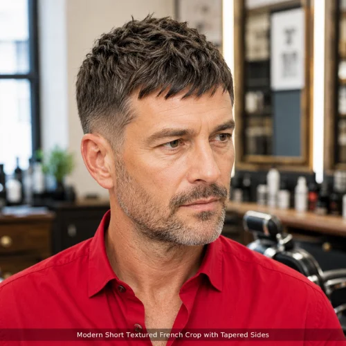 Short textured French crop with tapered sides modern balanced haircut