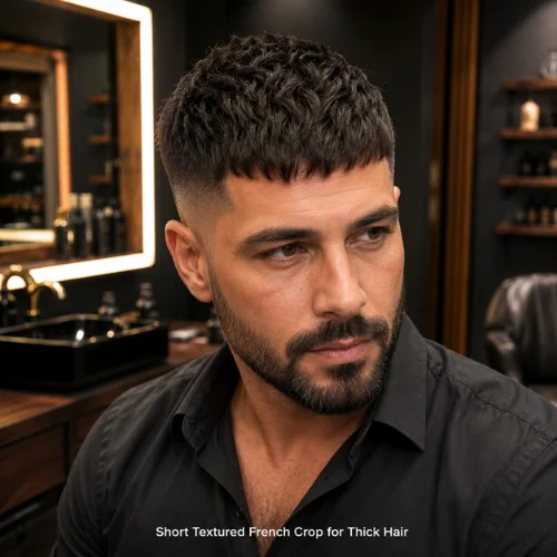 Thick hair short textured French crop with volume control style