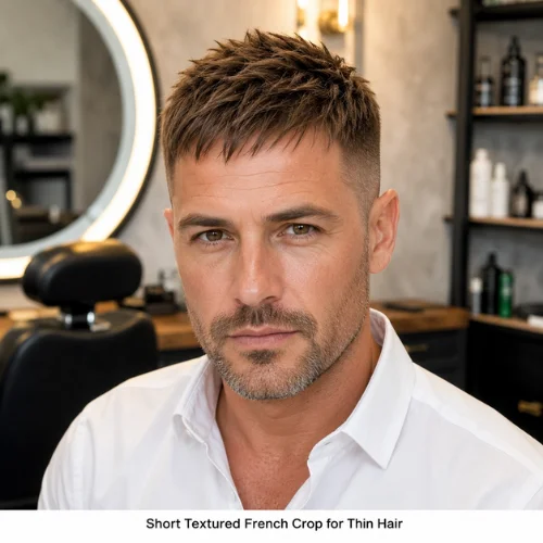 Thin hair short textured French crop with volume illusion styling