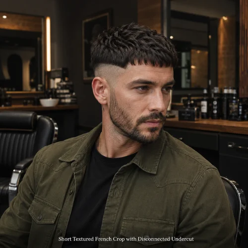 Disconnected undercut short textured French crop edgy hairstyle for men