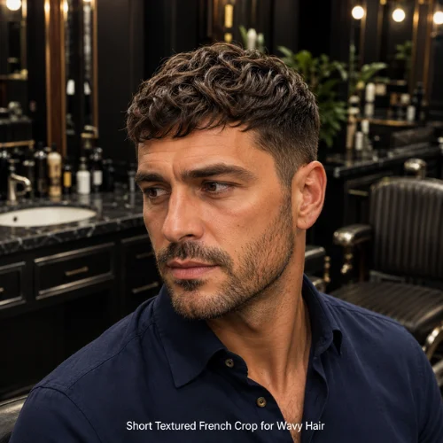 Short textured French crop for wavy hair with natural movemen