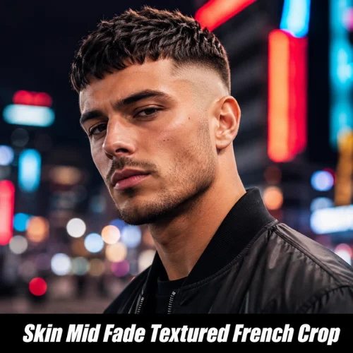 Skin mid fade textured French crop haircut with strong contrast and sharp sides
